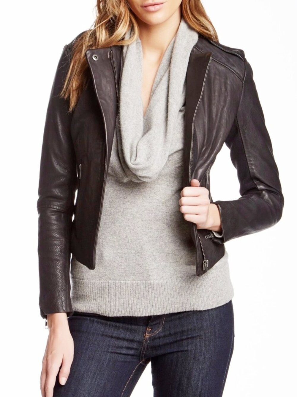 $700 MuuBaa Zaire Lambs Leather MOTO BIKER Jacket Epaulettes BLACK SIZE 6 US